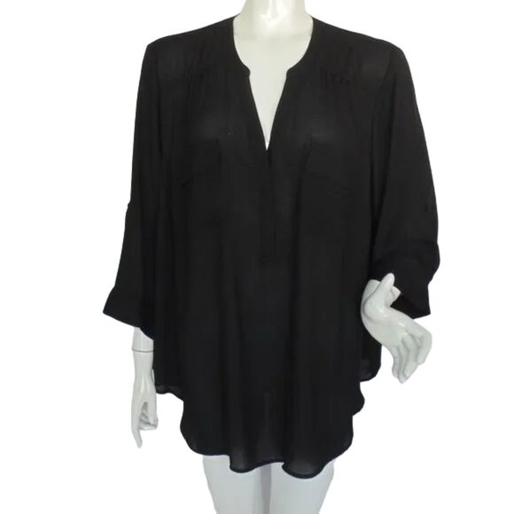 TORRID Harper Top, 3/3X, Black, Split neck, Tab Sleeves, 2 pockets - Picture 2 of 14